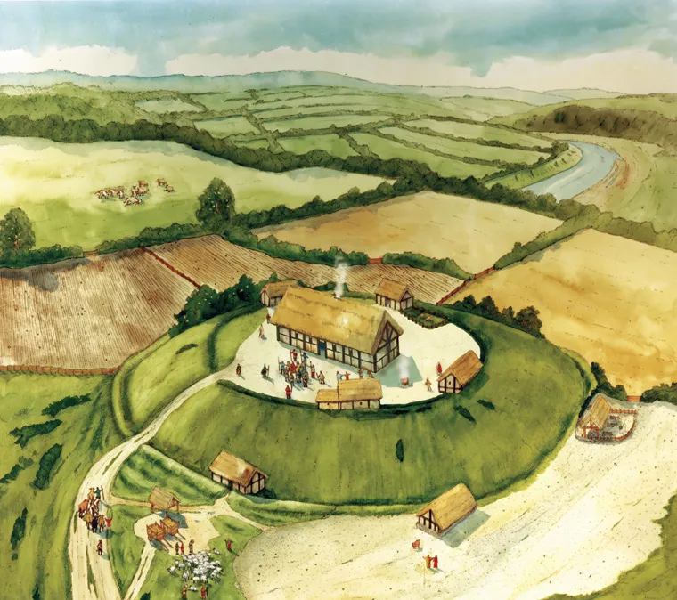 Book cover: Early Christian Knowth illustration by Paul Francis. Motte settlement with timber buildings and river.
