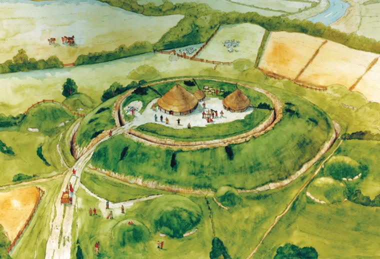 Book cover: Iron Age Knowth illustration by Paul Francis. Circular settlement with thatched roundhouses on a mound.