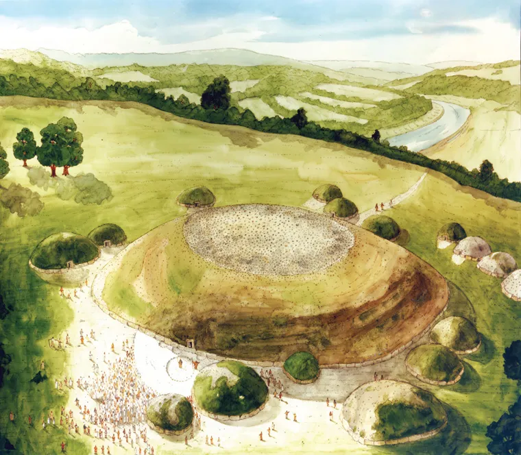 Book cover: Neolithic Knowth illustration by Paul Francis. Aerial reconstruction of the great mound and satellites.